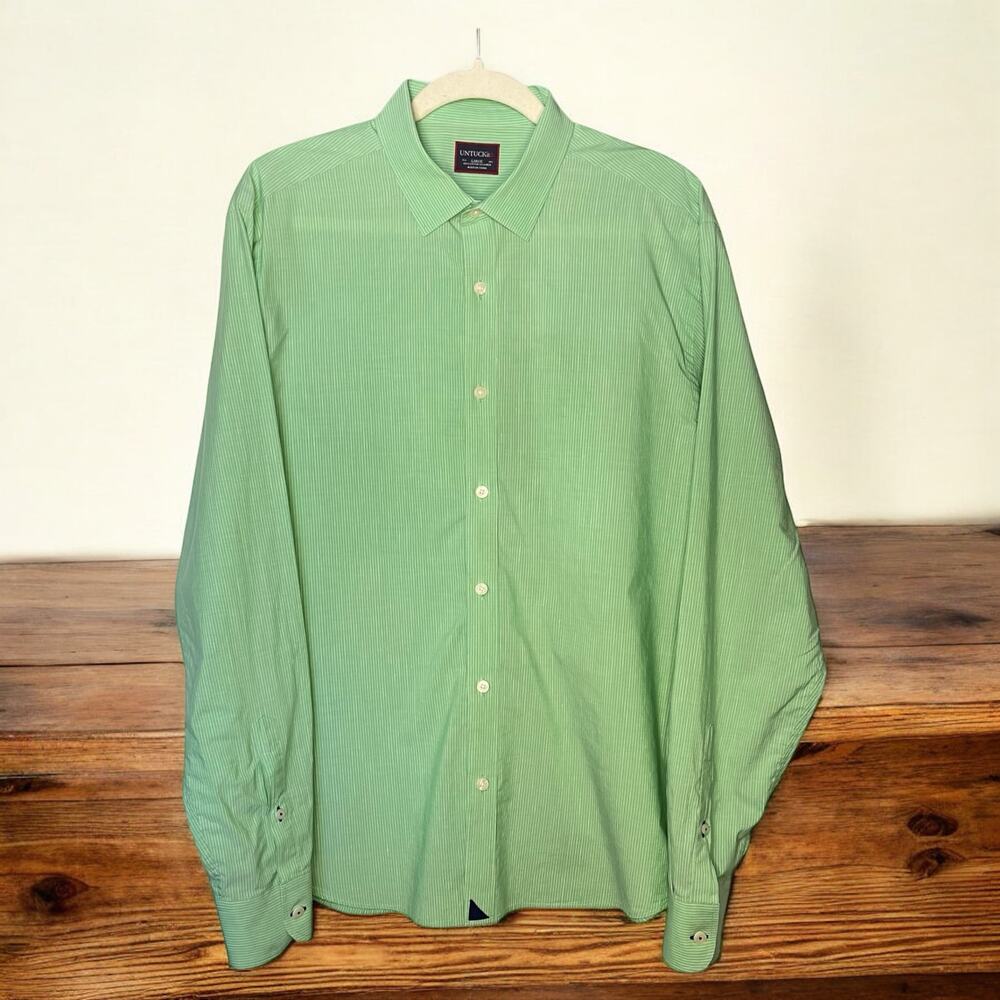 UNTUCKit Men’s Large Green Pinstripe Button-Up Shirt Cotton Linen